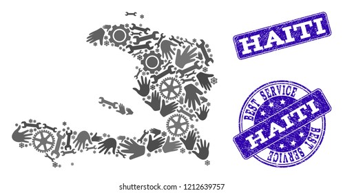 Best service combination of mosaic map of Haiti and blue unclean seals. Mosaic map of Haiti constructed with gray gears and wrenches. Vector blue seals with distress rubber texture.