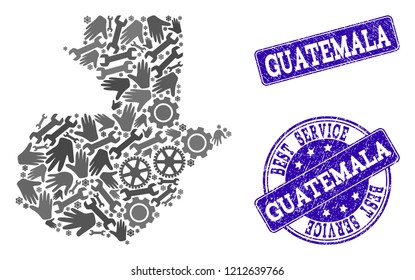 Best service combination of mosaic map of Guatemala and blue rubber seals. Mosaic map of Guatemala constructed with gray gears and wrenches. Vector blue seals with unclean rubber texture.