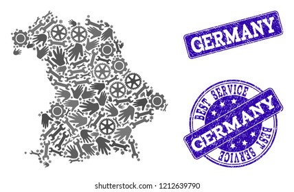 Best service combination of mosaic map of Germany and blue unclean seals. Mosaic map of Germany constructed with gray gears and wrenches. Vector blue seals with grunge rubber texture.