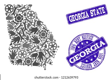 Best service combination of mosaic map of Georgia State and blue grunge seals. Mosaic map of Georgia State designed with gray gears and wrenches. Vector blue seals with grunge rubber texture.