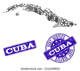 Best service combination of mosaic map of Cuba Island and blue rubber seal stamps. Mosaic map of Cuba Island constructed with gray gears and wrenches. Vector blue imprints with grunge rubber texture.