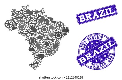 Best service combination of mosaic map of Brazil and blue rubber stamps. Mosaic map of Brazil designed with gray gears and wrenches. Vector blue seals with unclean rubber texture.