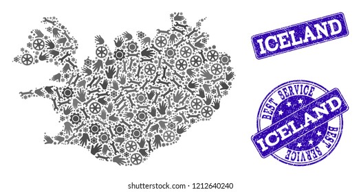 Best service combination of mosaic map of Iceland and blue scratched seals. Mosaic map of Iceland designed with gray gears and wrenches. Vector blue seals with scratched rubber texture.