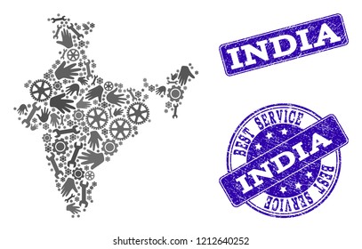 Best service combination of mosaic map of India and blue corroded seals. Mosaic map of India designed with gray gears and wrenches. Vector blue seals with retro rubber texture.