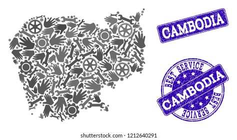 Best service combination of mosaic map of Cambodia and blue scratched seals. Mosaic map of Cambodia constructed with gray gears and wrenches. Vector blue seals with scratched rubber texture.