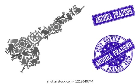 Best service combination of mosaic map of Andhra Pradesh State and blue corroded seal stamps. Mosaic map of Andhra Pradesh State designed with gray gears and wrenches.