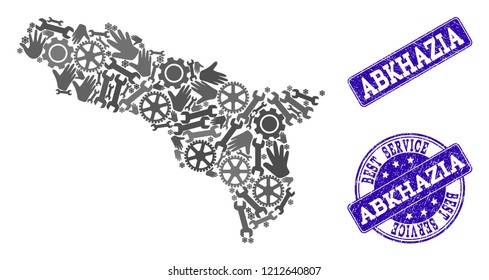 Best service combination of mosaic map of Abkhazia and blue corroded stamps. Mosaic map of Abkhazia constructed with gray gears and wrenches. Vector blue seals with corroded rubber texture.