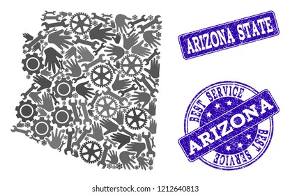 Best service combination of mosaic map of Arizona State and blue corroded seals. Mosaic map of Arizona State constructed with gray gears and wrenches.