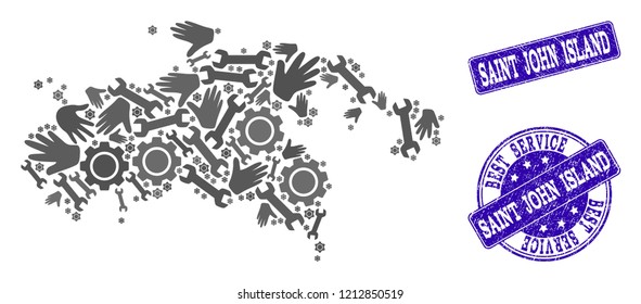 Best service combination of mosaic map of Saint John Island and blue rubber seals. Mosaic map of Saint John Island constructed with gray gears and wrenches.