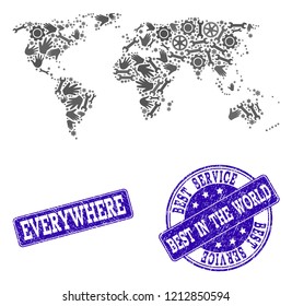 Best service combination of mosaic map of world and blue scratched seals. Mosaic map of world constructed with gray gears and wrenches. Vector blue seals with distress rubber texture.