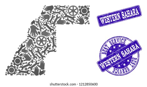 Best service combination of mosaic map of Western Sahara and blue rubber seal stamps. Mosaic map of Western Sahara constructed with gray gears and wrenches.