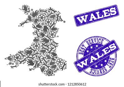 Best service combination of mosaic map of Wales and blue rubber seals. Mosaic map of Wales designed with gray gears and wrenches. Vector blue seals with unclean rubber texture.
