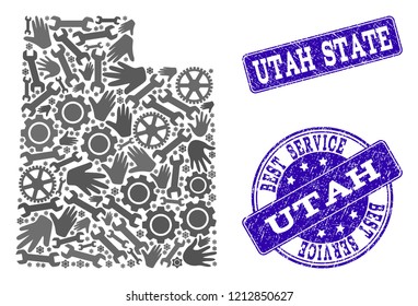 Best service combination of mosaic map of Utah State and blue scratched seals. Mosaic map of Utah State designed with gray gears and wrenches. Vector blue seals with scratched rubber texture.
