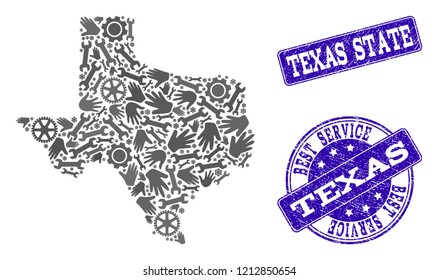 Best service combination of mosaic map of Texas State and blue unclean seals. Mosaic map of Texas State designed with gray gears and wrenches. Vector blue seals with grunge rubber texture.