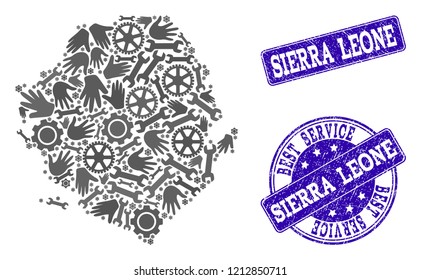 Best service combination of mosaic map of Sierra Leone and blue rubber stamps. Mosaic map of Sierra Leone designed with gray gears and wrenches. Vector blue seals with corroded rubber texture.