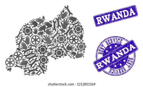 Best service combination of mosaic map of Rwanda and blue scratched stamps. Mosaic map of Rwanda designed with gray gears and wrenches. Vector blue seals with scratched rubber texture.