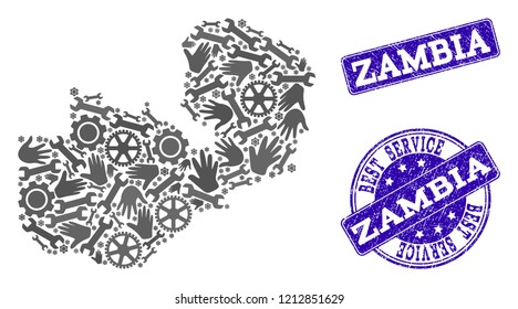 Best service combination of mosaic map of Zambia and blue dirty seals. Mosaic map of Zambia constructed with gray gears and wrenches. Vector blue seals with retro rubber texture.