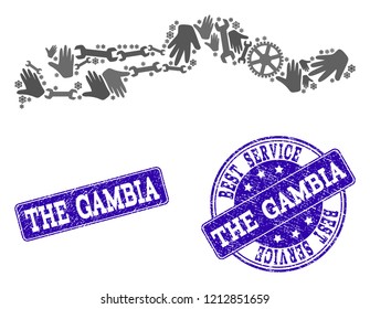 Best service combination of mosaic map of the Gambia and blue rubber stamps. Mosaic map of the Gambia constructed with gray gears and wrenches. Vector blue watermarks with scratched rubber texture.
