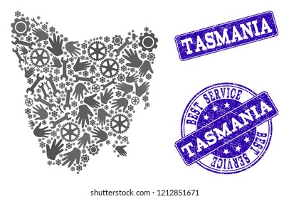 Best service combination of mosaic map of Tasmania Island and blue scratched seals. Mosaic map of Tasmania Island designed with gray gears and wrenches.