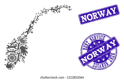 Best service combination of mosaic map of Norway and blue rubber seal stamps. Mosaic map of Norway constructed with gray gears and wrenches. Vector blue seals with scratched rubber texture.