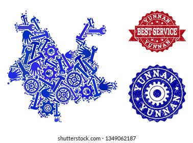 Best service composition of blue mosaic map of Yunnan Province and rubber seals. Mosaic map of Yunnan Province constructed with gears, wrenches, hands. Vector seals with corroded rubber texture.