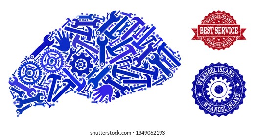 Best service composition of blue mosaic map of Wrangel Island and scratched seals. Mosaic map of Wrangel Island designed with cogs, wrenches, hands. Vector watermarks with unclean rubber texture.