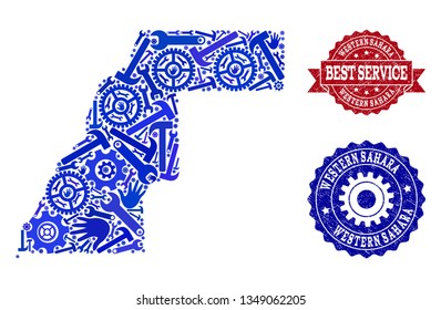 Best service composition of blue mosaic map of Western Sahara and corroded seal stamps. Mosaic map of Western Sahara constructed with gearwheels,cogwheels, spanners, hands.