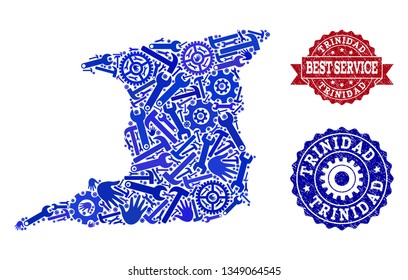 Best service composition of blue mosaic map of Trinidad Island and rubber stamps. Mosaic map of Trinidad Island constructed with gearwheels,cogwheels, spanners, hands.