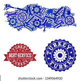 Best service composition of blue mosaic map of Turkey and scratched seals. Mosaic map of Turkey designed with gears, wrenches, hands. Vector seals with corroded rubber texture.