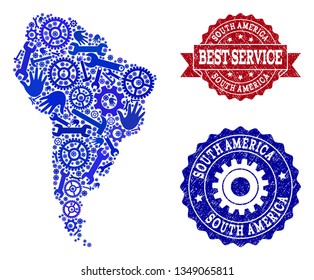 Best service composition of blue mosaic map of South America and grunge seals. Mosaic map of South America constructed with gearwheels,cogwheels, wrenches, hands.