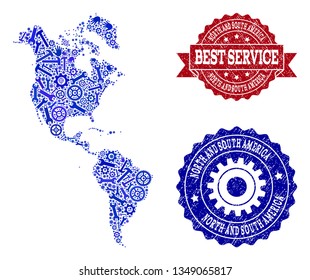 Best service composition of blue mosaic map of South and North America and grunge seal stamps. Mosaic map of South and North America constructed with gearwheels,cogwheels, spanners, hands.