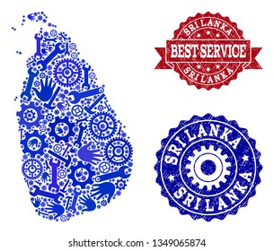 Best service composition of blue mosaic map of Sri Lanka and grunge seals. Mosaic map of Sri Lanka constructed with cogs, spanners, hands. Vector watermarks with unclean rubber texture.