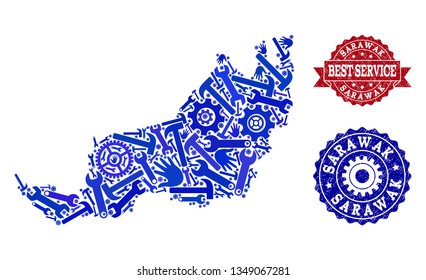 Best service composition of blue mosaic map of Sarawak and scratched seal stamps. Mosaic map of Sarawak designed with gears, spanners, hands. Vector seals with scratched rubber texture.