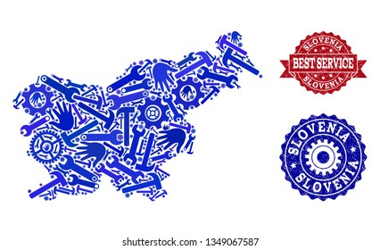 Best service composition of blue mosaic map of Slovenia and rubber seal stamps. Mosaic map of Slovenia constructed with cogs, spanners, hands. Vector watermarks with unclean rubber texture.