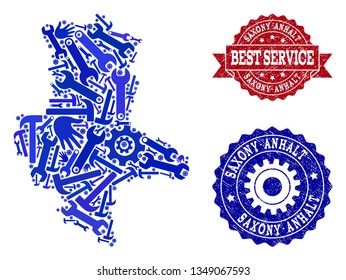 Best service composition of blue mosaic map of Saxony-Anhalt State and rubber seals. Mosaic map of Saxony-Anhalt State constructed with gearwheels,cogwheels, wrenches, hands.