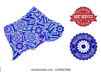 Best service composition of blue mosaic map of Small Inagua Island and grunge seals. Mosaic map of Small Inagua Island designed with cogs, spanners, hands. Vector seals with unclean rubber texture.