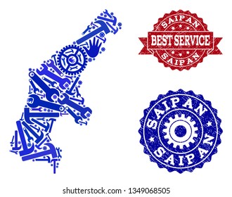 Best service composition of blue mosaic map of Saipan Island and grunge seals. Mosaic map of Saipan Island constructed with gears, wrenches, hands. Vector seals with grunge rubber texture.