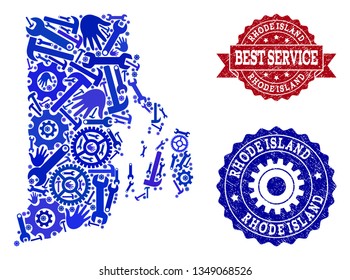 Best service composition of blue mosaic map of Rhode Island State and unclean seals. Mosaic map of Rhode Island State constructed with gears, spanners, hands. Vector seals with grunge rubber texture.