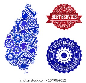 Best service composition of blue mosaic map of Saint Lucia Island and rubber seal stamps. Mosaic map of Saint Lucia Island designed with gearwheels,cogwheels, spanners, hands.