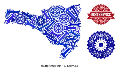 Best service composition of blue mosaic map of Santa Catarina State and rubber seals. Mosaic map of Santa Catarina State constructed with gearwheels,cogwheels, wrenches, hands.
