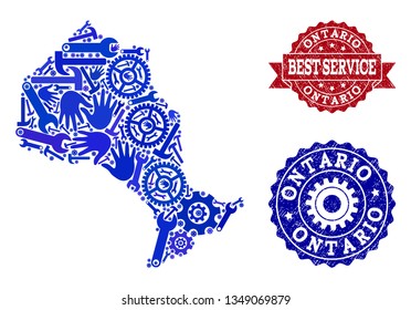 Best service composition of blue mosaic map of Ontario Province and scratched seals. Mosaic map of Ontario Province designed with gears, wrenches, hands. Vector seals with distress rubber texture.