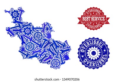 Best service composition of blue mosaic map of Overijssel Province and rubber seals. Mosaic map of Overijssel Province designed with gears, spanners, hands. Vector seals with unclean rubber texture.