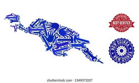 Best service composition of blue mosaic map of New Guinea Island and unclean seal stamps. Mosaic map of New Guinea Island designed with gearwheels,cogwheels, spanners, hands.