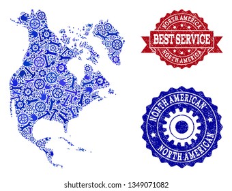Best service composition of blue mosaic map of North America and grunge seals. Mosaic map of North America designed with gearwheels,cogwheels, spanners, hands.