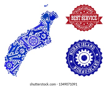 Best service composition of blue mosaic map of Niihau Island and scratched seal stamps. Mosaic map of Niihau Island constructed with cogs, wrenches, hands.
