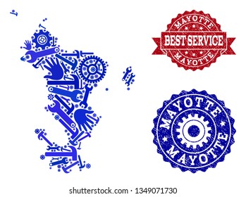 Best service composition of blue mosaic map of Mayotte Islands and unclean stamps. Mosaic map of Mayotte Islands designed with gearwheels,cogwheels, wrenches, hands.