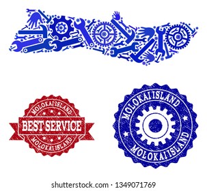 Best service composition of blue mosaic map of Molokai Island and grunge seals. Mosaic map of Molokai Island designed with gears, wrenches, hands. Vector seals with retro rubber texture.