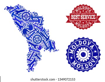 Best service composition of blue mosaic map of Moldova and scratched seal stamps. Mosaic map of Moldova designed with gearwheels,cogwheels, spanners, hands.