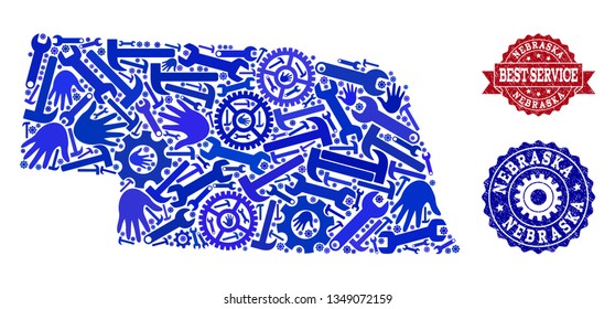 Best service composition of blue mosaic map of Nebraska State and rubber stamps. Mosaic map of Nebraska State designed with gearwheels,cogwheels, spanners, hands.
