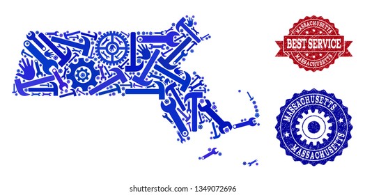Best service composition of blue mosaic map of Massachusetts State and rubber stamps. Mosaic map of Massachusetts State designed with gears, wrenches, hands.
